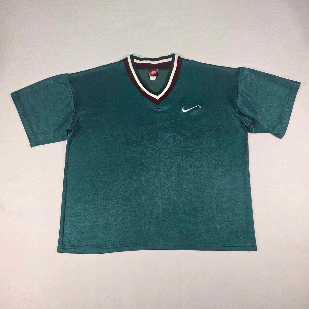 Vtg 90's Nike Team Sports Shinny Green V-Neck Soccer Jersey Mens XL Shirt Vintag
